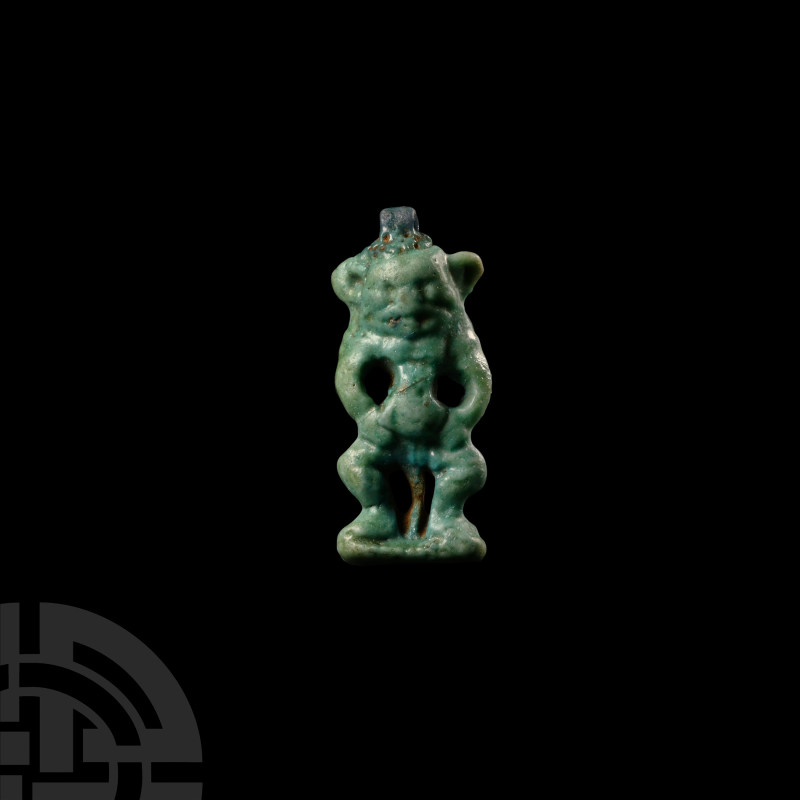 Egyptian Faience Bes Amulet
Late New Kingdom, 1550-1070 B.C. Standing on a roug...