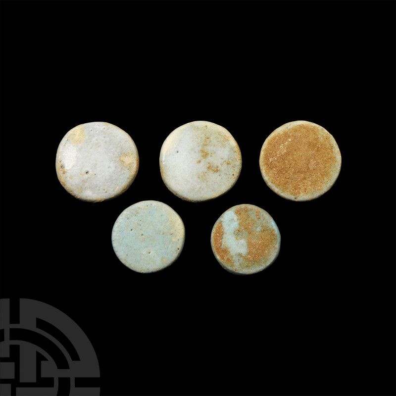 Egyptian Small Faience Pot Lid Collection
Late Period, 664-332 B.C. Group of fi...