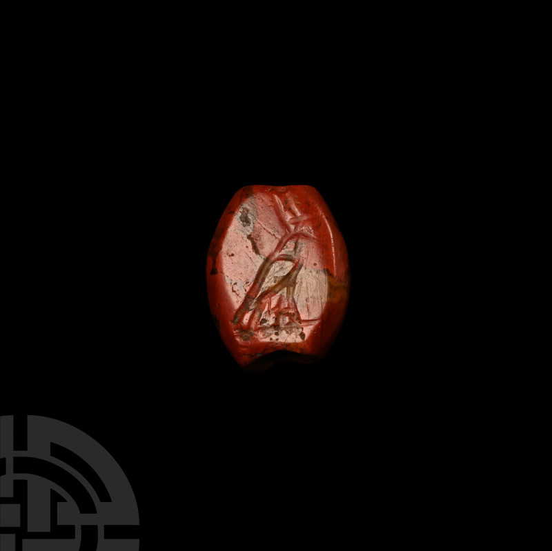 Egyptian Jasper Bead with Horus as a Falcon
Late New Kingdom, 1550-1069 B.C. Pl...
