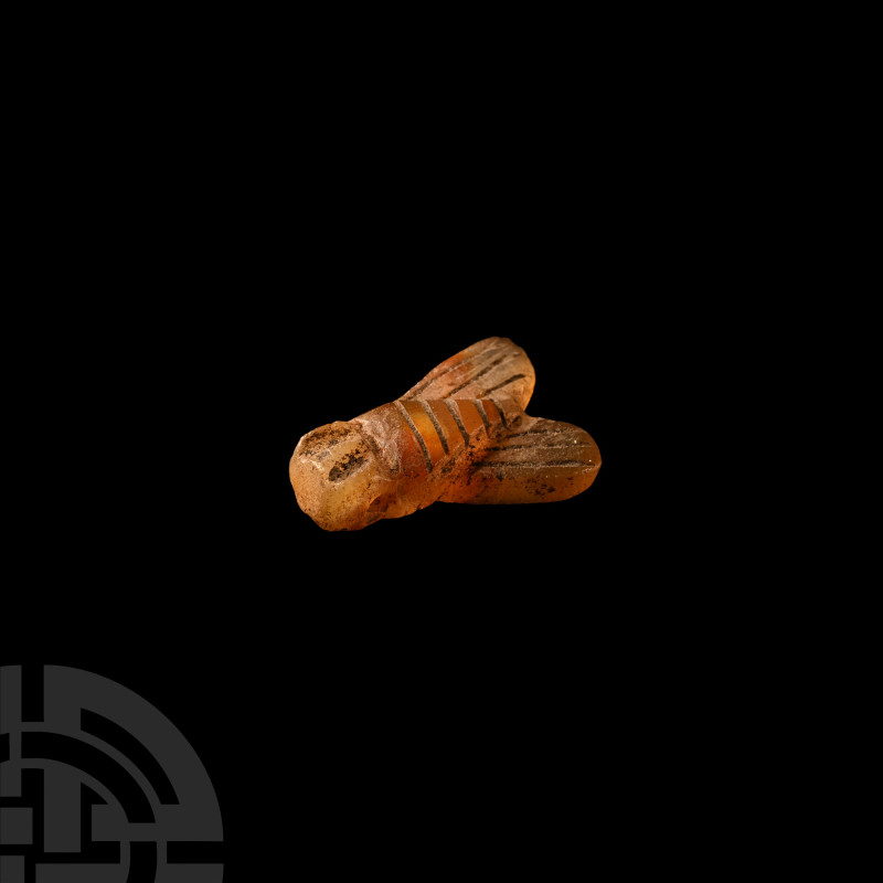 Egyptian Carnelian Fly Amulet
1st millennium B.C. Drilled through the eyes for ...