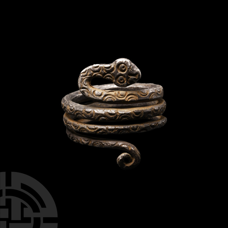 Romano-Egyptian Silver Snake Ring
Roman Period, 30 B.C.-323 A.D. With square-se...