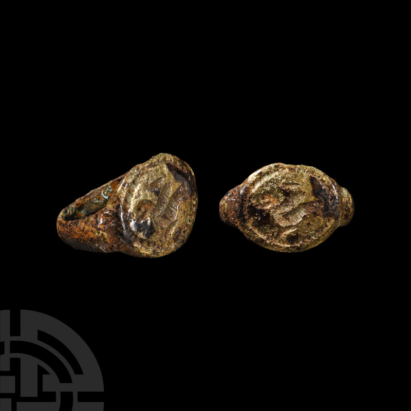 Greek Bronze Ring with Bird
5th-3rd century B.C. The hoop leading to stepped sh...