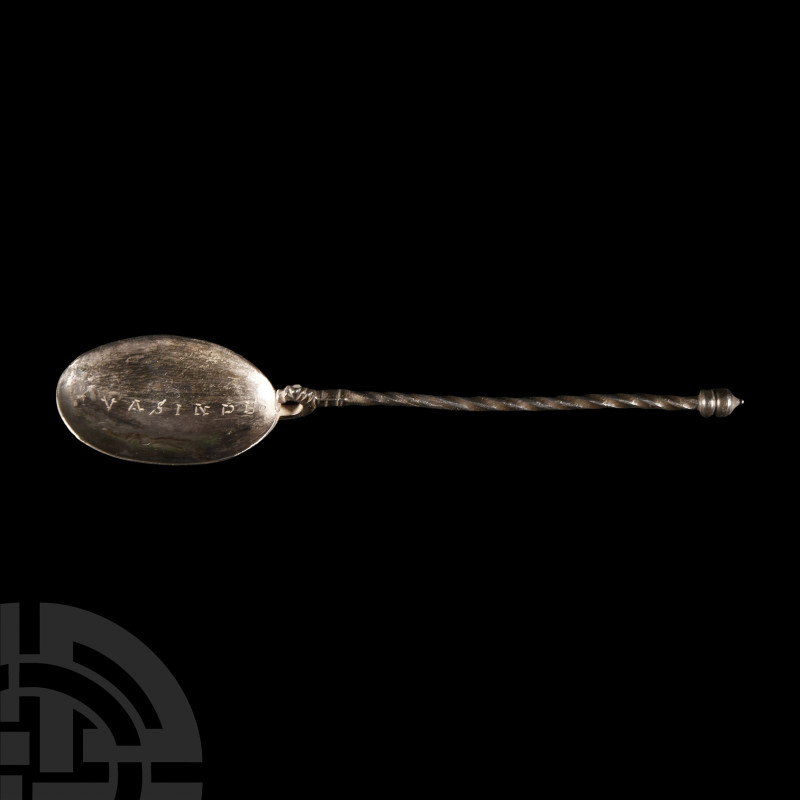 Roman Silver Cochlear Spoon Inscribed 'May You Live in God'
Circa 4th century A...