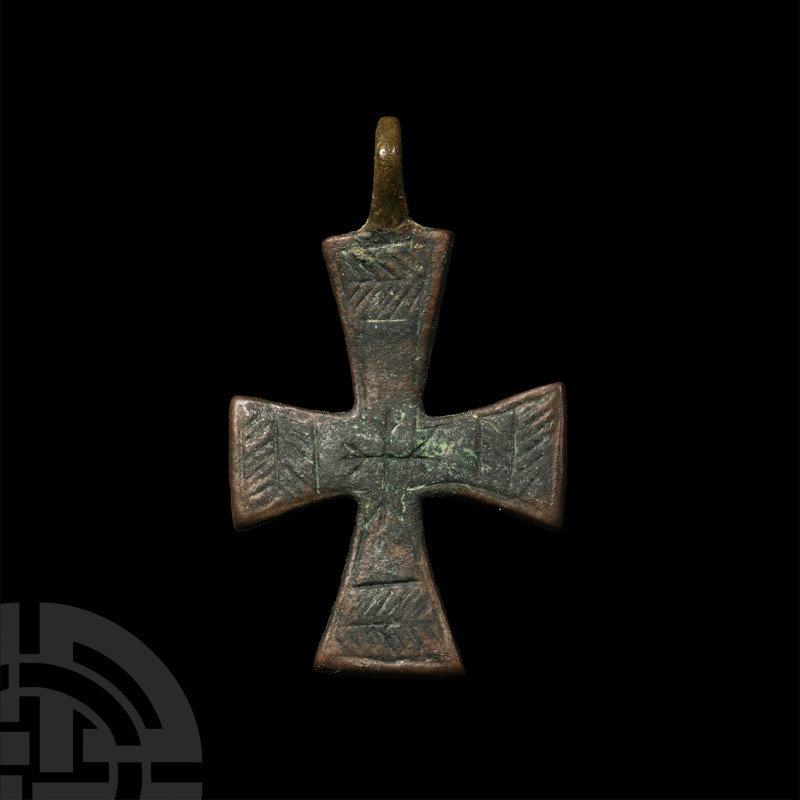 Byzantine Bronze Pectoral Cross Pendant
6th-10th century A.D. A flat-section ex...
