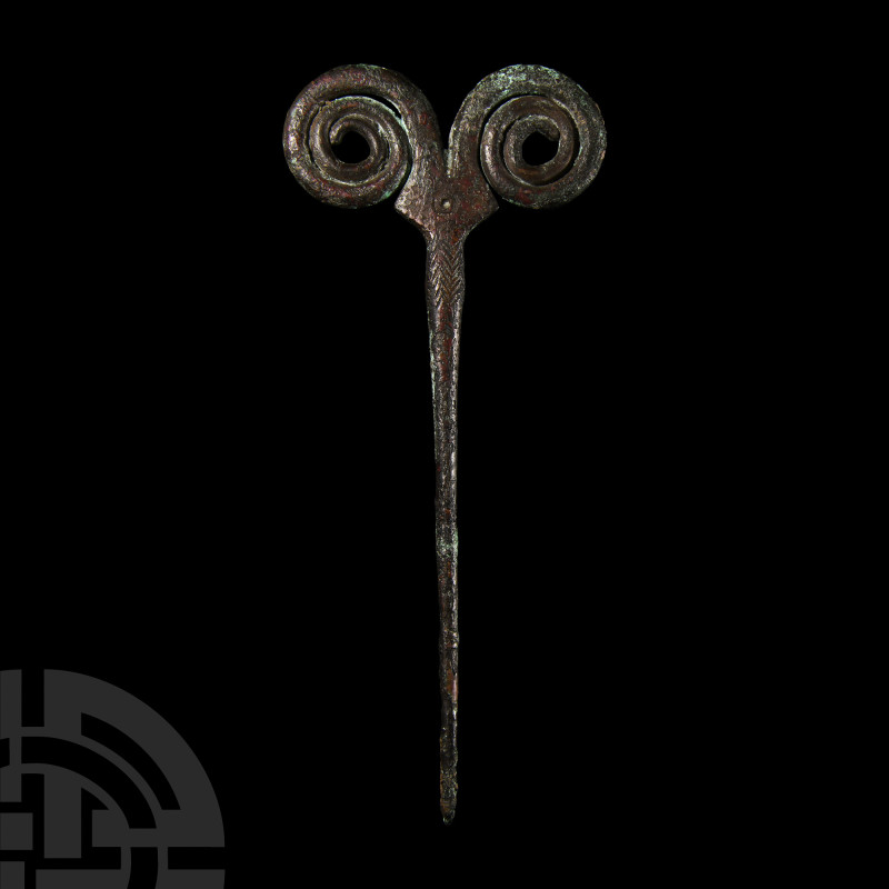 Luristan Bronze Pin with Spirals
2nd millennium B.C. Round-section tapering sha...