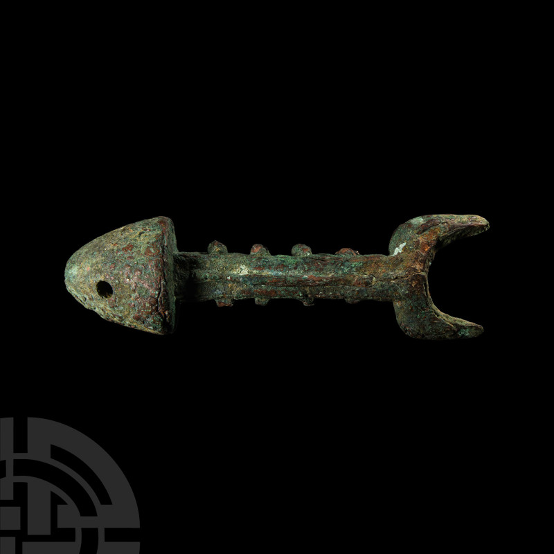 Luristan Bronze Sword Hilt
2nd millenium B.C. With crescent-shaped guard to acc...