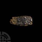Anglo-Saxon Bronze Strap End with Rivetted Silver Plate with Beast Facing Back