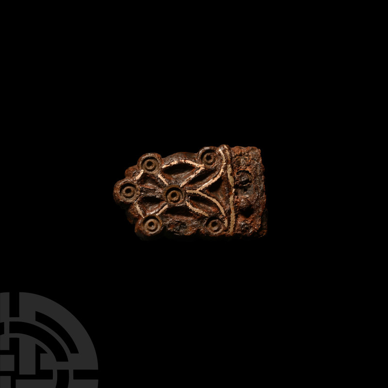 Viking Age Silver Inlaid Iron Strap End
9th-11th century A.D. Punch-decorated w...