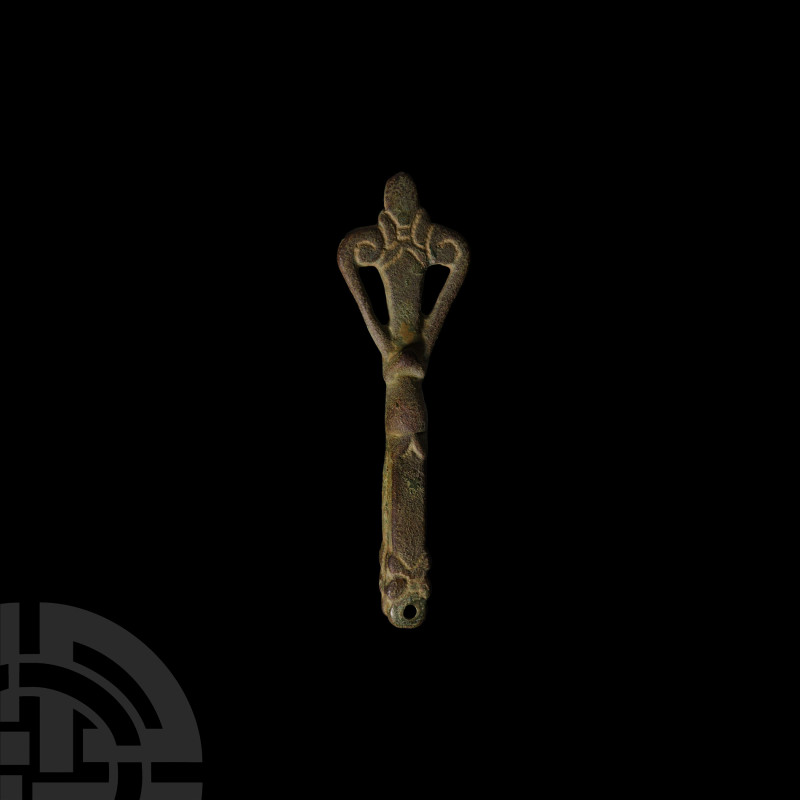 Viking Age Bronze Zoomorphic Handle
9th-11th century A.D. Or fitting with openw...
