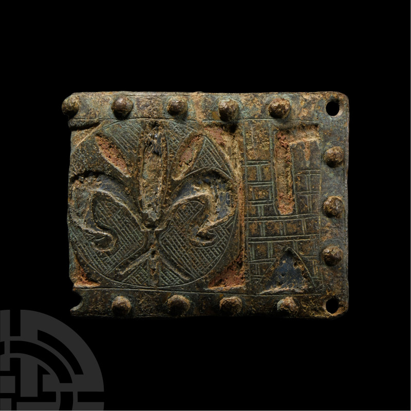 Medieval Bronze Heraldic Horse Harness Mount with Castle and Fleur
14th-15th ce...