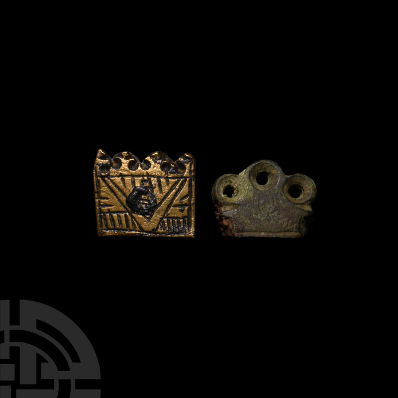 Medieval Bronze Knife Pommel Group
Circa 1500 A.D. Both in the shape of crowns ...