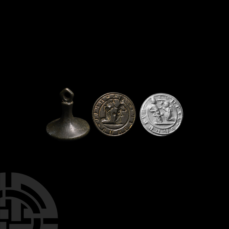 Large Medieval Bronze Seal Matrix with Scene Showing Robed Figures
14th-15th ce...