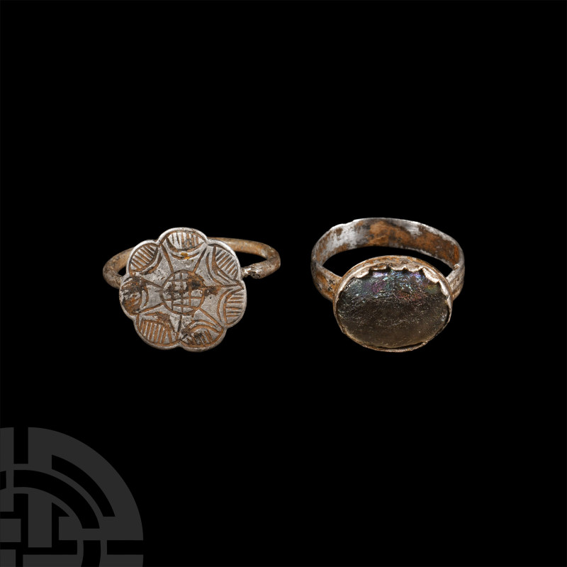 Late Medieval Silver Ring Group
Circa 16th century A.D. One with hatched septaf...