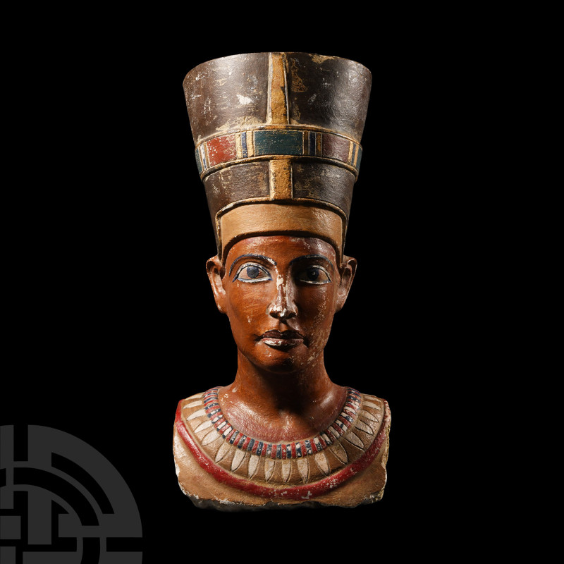 Painted Stone Bust of Queen Nefertiti
20th century A.D. Carved in the round wit...