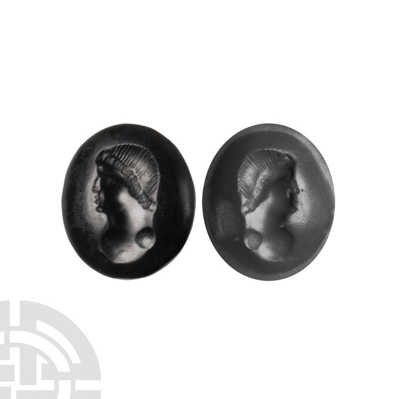 Intaglio Gemstone with Bust
20th century A.D. or earlier. The biconvex obsidian...