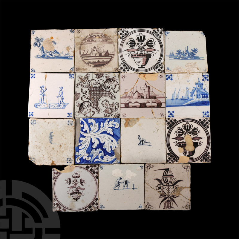 Post Medieval Glazed Ceramic Tile Group
17th-18th century A.D. Comprising 15 ti...