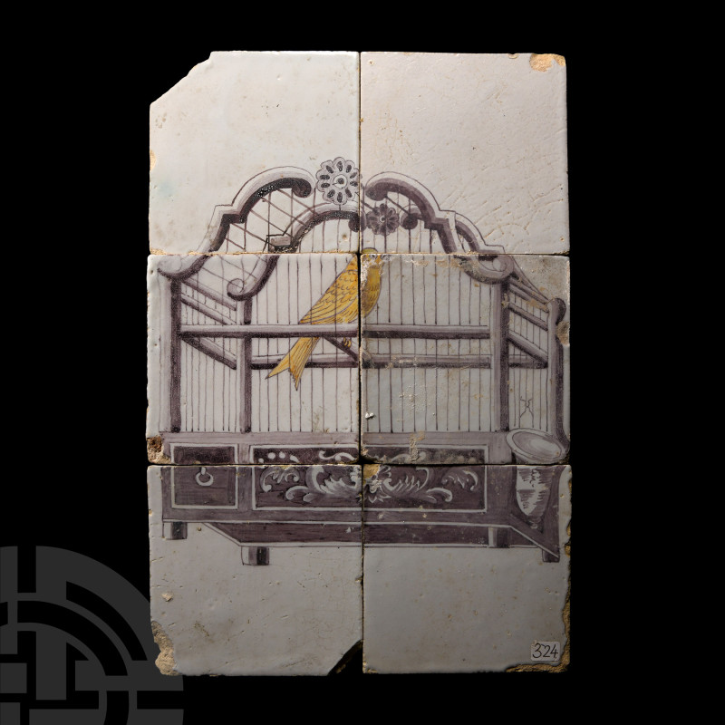 Post Medieval Glazed Ceramic Caged Canary Tile Set
Circa 18th century A.D. Form...