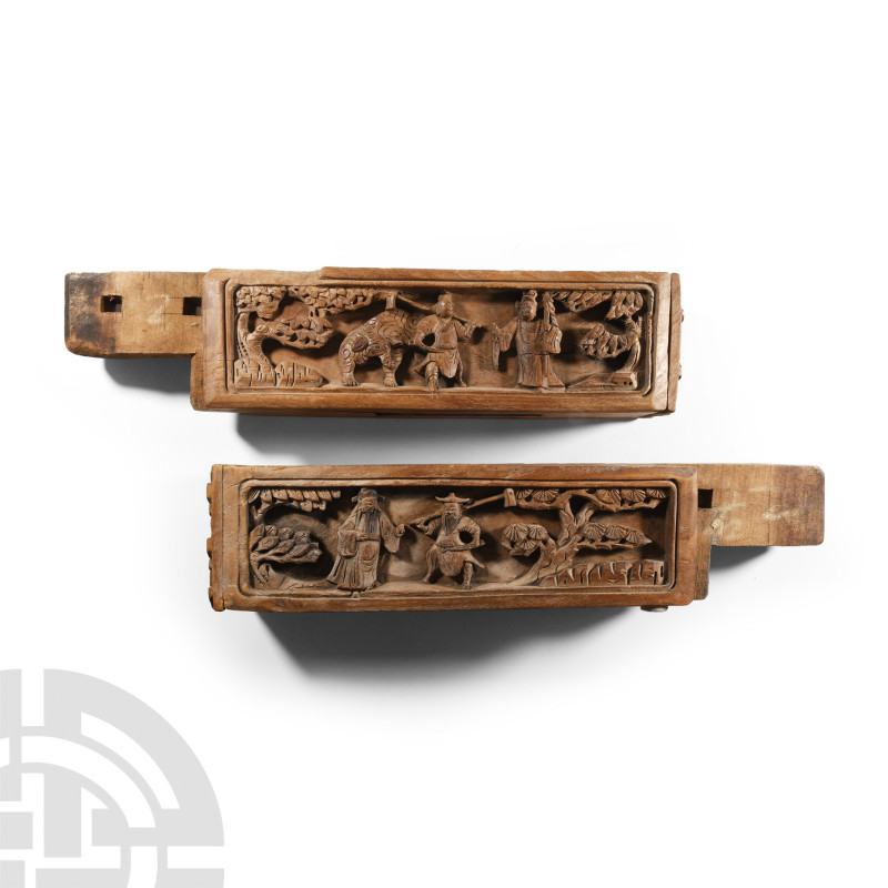 Chinese Carved Wooden Rood Bracket Pair
19th century A.D. Each carved with scro...