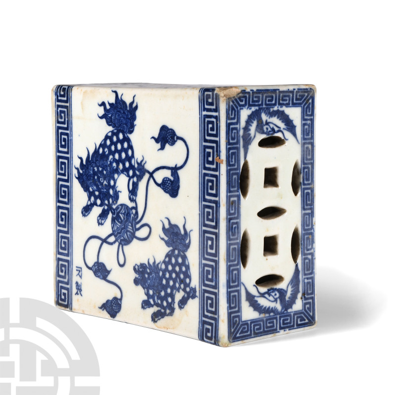 Chinese Glazed Ceramic Blue and White Incense Box
20th century A.D. Featuring d...