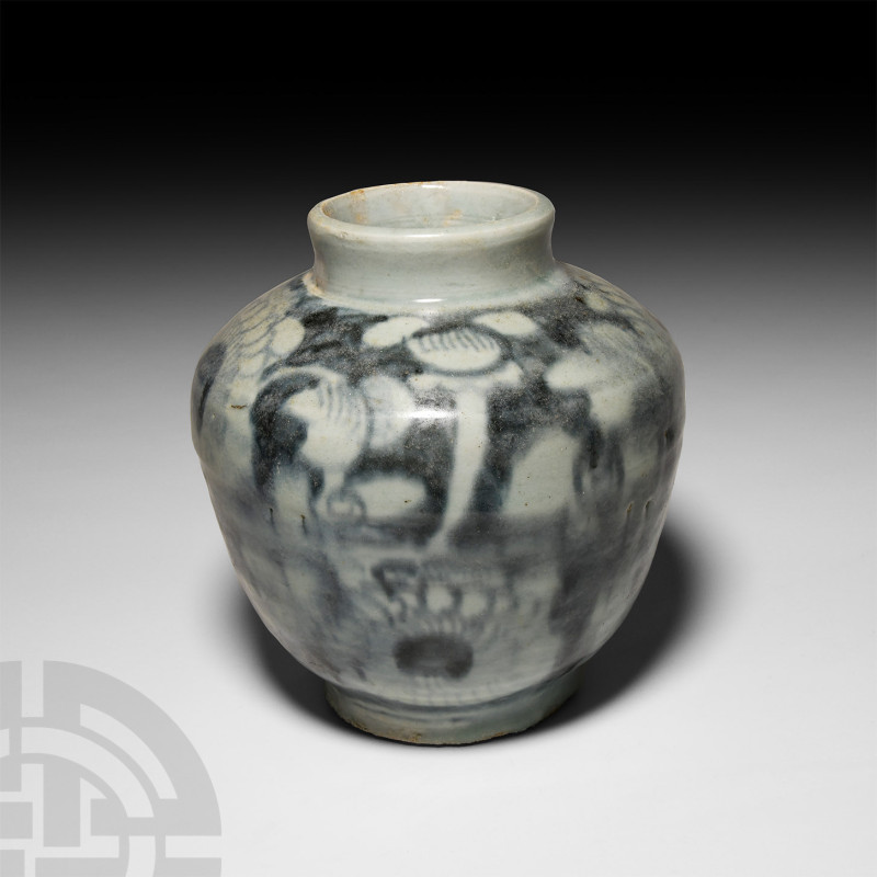 Chinese Blue and White Ceramic Peony Jar
15th-17th century A.D. In Yuan style p...