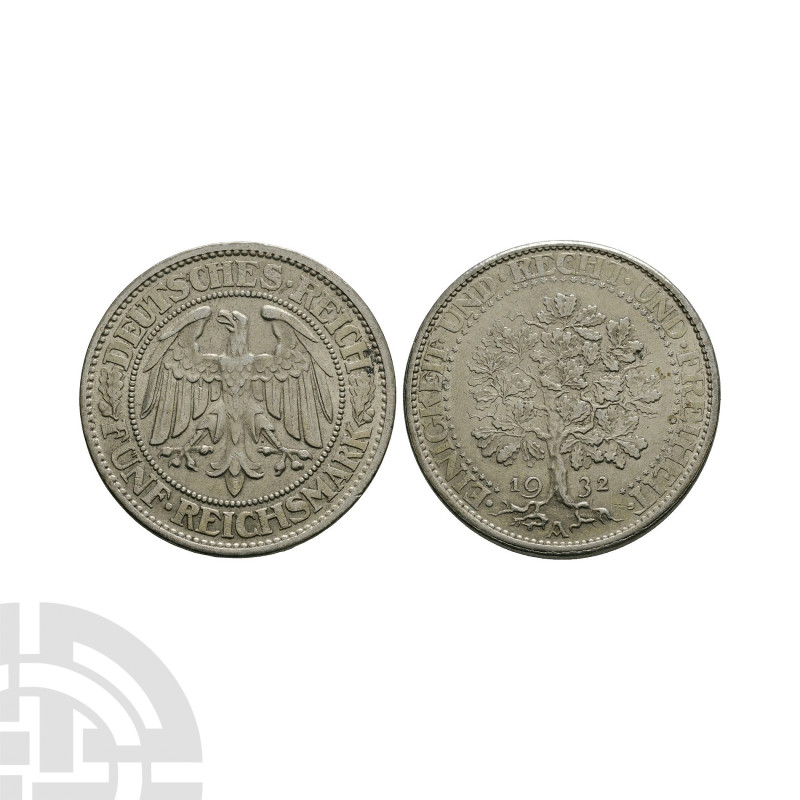 World Coins - Germany - 1932 - Oak Tree 5 Marks
Dated 1932 A.D. Berlin mint. Ob...