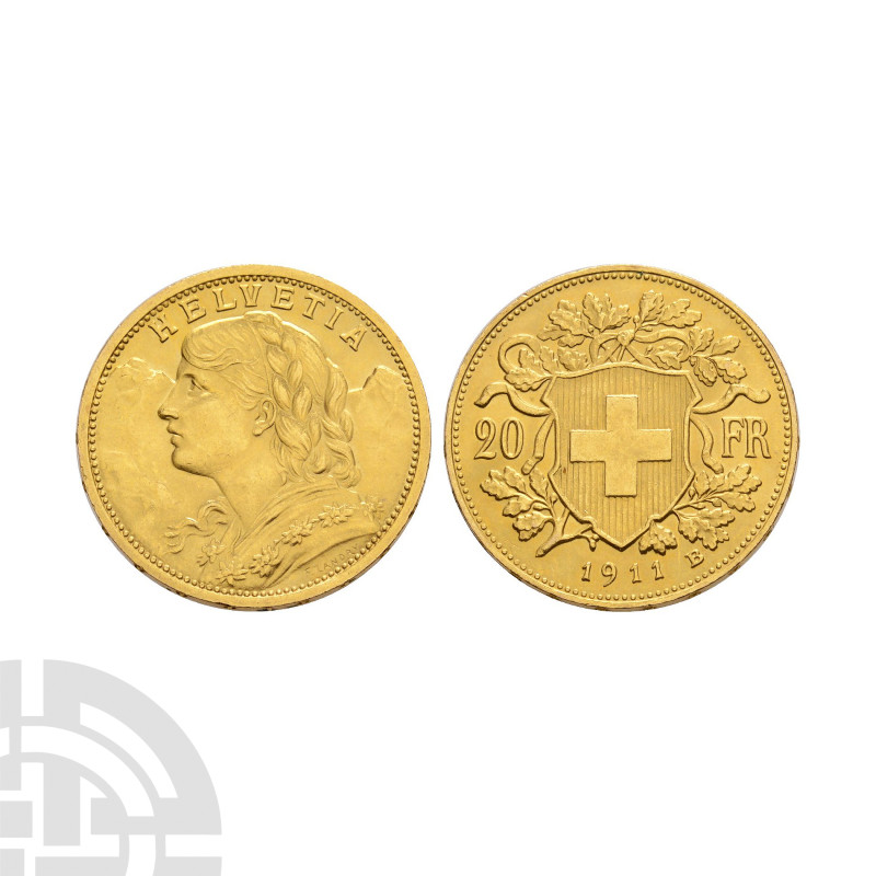 World Coins Switzerland - 1911 B - Gold 20 Francs
Dated 1911 A.D. Bern mint. Ob...