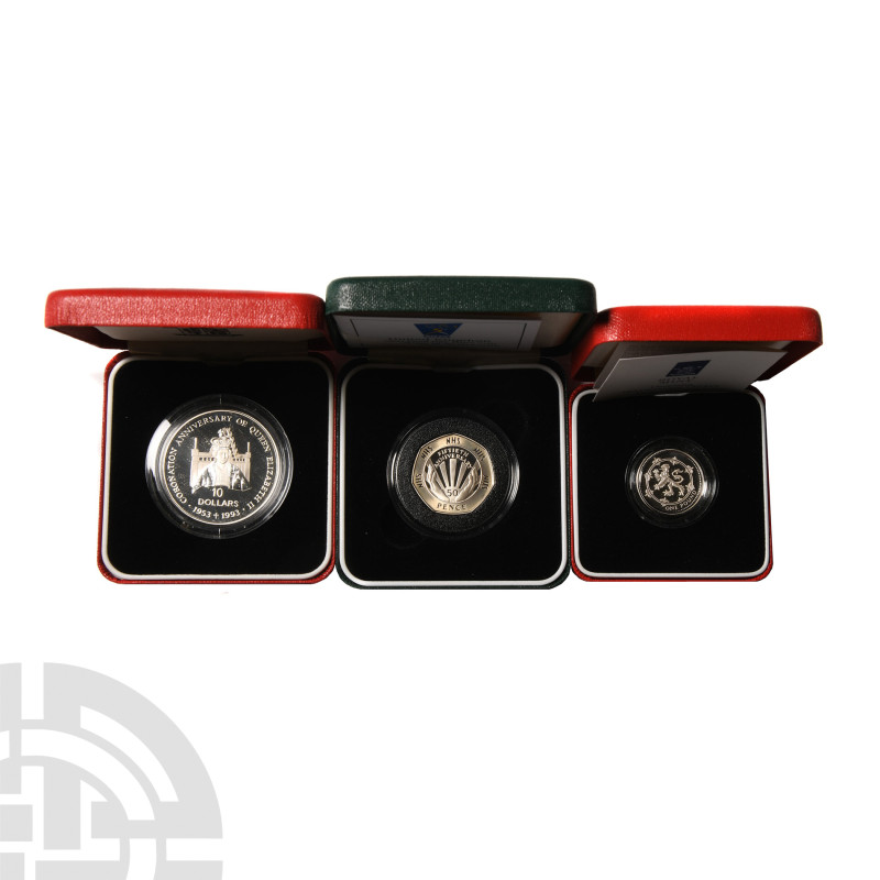 English Milled Coins - UK Proof Silver £1 and 50 Pence with Solomon Islands $10 ...