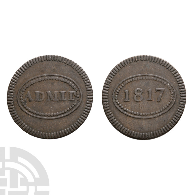 British Tokens - Georgian Theatre Token
Dated 1817 A.D. Obv: ADMIT in oval bord...