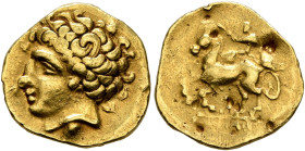 CENTRAL EUROPE. Helvetii. 3rd-2nd centuries BC. 1/4 Stater (Gold, 19 mm, 2.05 g, 3 h). Laureate head of Apollo to left. Rev. Charioteer driving biga t...
