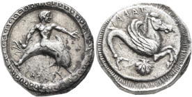CALABRIA. Tarentum. Circa 500-490 BC. Didrachm or Nomos (Silver, 21 mm, 8.12 g, 6 h). ΤΑRΑΣ Youthful oikist, nude and with long hair, riding dolphin t...