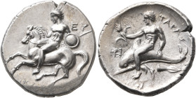 CALABRIA. Tarentum. Circa 280 BC. Didrachm or Nomos (Silver, 24 mm, 7.80 g, 10 h), Eu..., Nikon and Ari..., magistrates. Nude warrior, holding spear a...