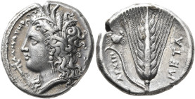 LUCANIA. Metapontion. Circa 340-330 BC. Didrachm or Nomos (Silver, 22 mm, 7.31 g, 3 h), Archip..., magistrate. ΔAMATHP Head of Demeter to left, wearin...