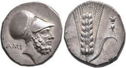 LUCANIA. Metapontion. Circa 340-330 BC. Didrachm or Nomos (Silver, 21 mm, 7.78 g, 6 h). AMI Bearded head of Leukippos to right, wearing Corinthian hel...
