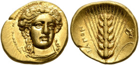 LUCANIA. Metapontion. Time of Kleonymos (?), circa 302 BC. Tetrobol or Third Stater (Gold, 14 mm, 2.61 g, 6 h), Achaian standard. Head of Nike facing ...