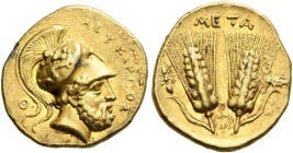LUCANIA. Metapontion. Time of Pyrrhos of Epeiros, circa 280-279 BC. Tetrobol or Third Stater (?) (Gold, 15 mm, 3.33 g, 3 h), uncertain standard. ΛEYKI...