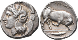 LUCANIA. Thourioi. Circa 400-350 BC. Distater (Silver, 27 mm, 15.73 g, 5 h). Head of Athena to left, wearing crested Attic helmet adorned, on the bowl...