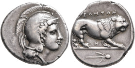 LUCANIA. Velia. Circa 300-280 BC. Didrachm or Nomos (Silver, 22 mm, 7.51 g, 7 h). Head of Athena to right, wearing crested and laureate Attic helmet. ...