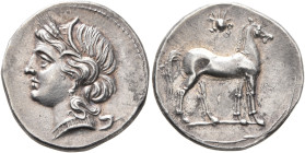 BRUTTIUM. Carthaginian occupation. Circa 216-211 BC. Half Shekel (Silver, 19 mm, 3.80 g, 3 h), Second Punic War issues, uncertain mint in Bruttium. He...