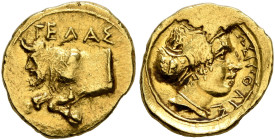 SICILY. Gela. Circa 406-405 BC. 1 1/3 Litra or Tetradrachm (Gold, 11 mm, 1.15 g, 3 h). ΓEΛAΣ Forepart of the river-god Gelas, in the form of a man-hea...