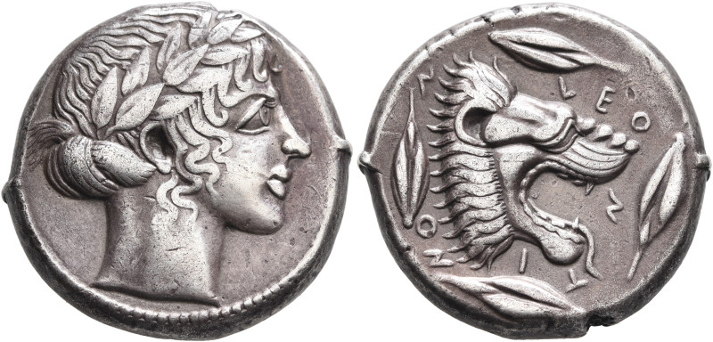 SICILY. Leontini. Circa 450-440 BC. Tetradrachm (Silver, 25 mm, 17.36 g, 7 h). L...