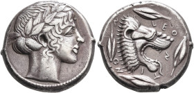SICILY. Leontini. Circa 450-440 BC. Tetradrachm (Silver, 25 mm, 17.36 g, 7 h). Laureate head of Apollo to right. Rev. ΛEO-N-T-I-NO-N Head of a lion wi...