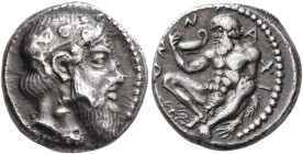 SICILY. Naxos. Circa 461-430 BC. Drachm (Silver, 17 mm, 4.34 g, 11 h). Bearded head of Dionysos to right, wearing wreath of ivy. Rev. N-A-XI-ON Sileno...