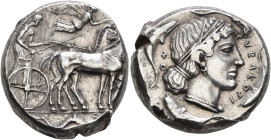 SICILY. Syracuse. Second Democracy, 466-405 BC. Tetradrachm (Silver, 23 mm, 17.50 g, 9 h), circa 450-440. Charioteer driving quadriga walking to right...