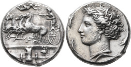 SICILY. Syracuse. Dionysios I, 405-367 BC. Dekadrachm (Silver, 35 mm, 42.93 g, 2 h), reverse die signed by Euainetos, circa 405-400. Charioteer drivin...