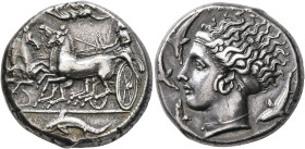 SICILY. Syracuse. Dionysios I, 405-367 BC. Tetradrachm (Silver, 24 mm, 17.29 g, 5 h), unsigned dies in the style of Eukleidas, circa 399-387. Chariote...