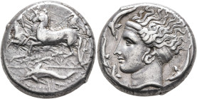 SICILY. Syracuse. Dionysios I, 405-367 BC. Tetradrachm (Silver, 23 mm, 17.35 g, 9 h), unsigned dies in the style of Eukleidas, circa 399-387. Chariote...