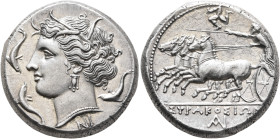 SICILY. Syracuse. Agathokles, 317-289 BC. Tetradrachm (Silver, 27 mm, 17.19 g, 3 h), circa 317-310. Head of Arethousa to left, wearing wreath of grain...