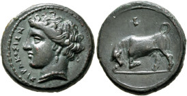 SICILY. Syracuse. Agathokles, 317-289 BC. AE (Bronze, 17 mm, 3.76 g, 10 h), circa 317-310. ΣYPAKOΣIΩN Head of Arethousa to left, wearing pendant earri...
