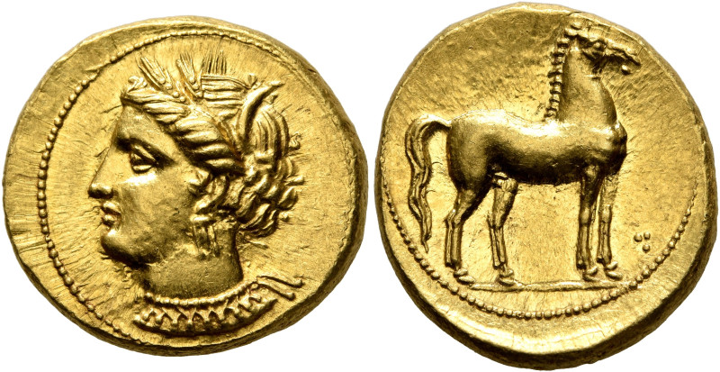 CARTHAGE. Circa 350-320 BC. Stater (Gold, 20 mm, 9.32 g, 11 h). Head of Tanit to...