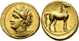 CARTHAGE. Circa 350-320 BC. Stater (Gold, 20 mm, 9.32 g, 11 h). Head of Tanit to left, wearing wreath of grain ears, triple-pendant earring and elabor...